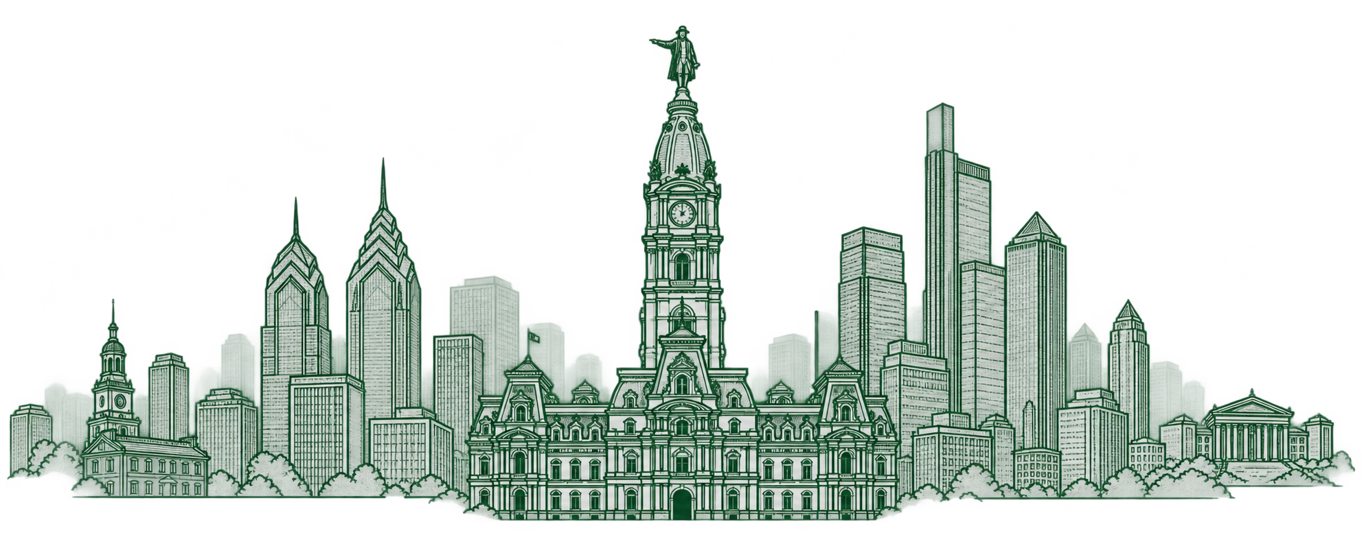 Philadelphia skyline centered on City Hall and William Penn